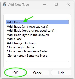 Screenshot of Anki's Add Note Type window. We're adding a new note type called Add: Basic which we'll then modify later. The OK button has been circled.